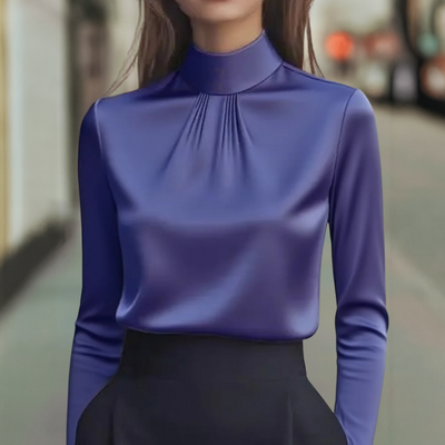 Luksuriøs silkeaktig satengbluse med høy hals til kvinner